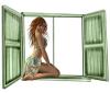 Woman kneels in the window