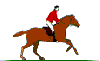red jocky riding galloping horse
