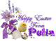 Chick with purple flowers- Pelia