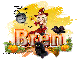 Halloween: Red Witch with Cat, Raven and Broomstick: Bren