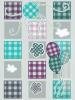 Grey background with teal patchwork squares. Balloons & flowers