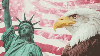 American flag with eagle and Statue of Liberty