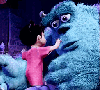 blue monster, hugging little girl