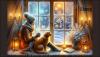 Woman/dog by window in winter