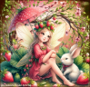 Strawberry Umbrella Fairy with Bunny (with background)